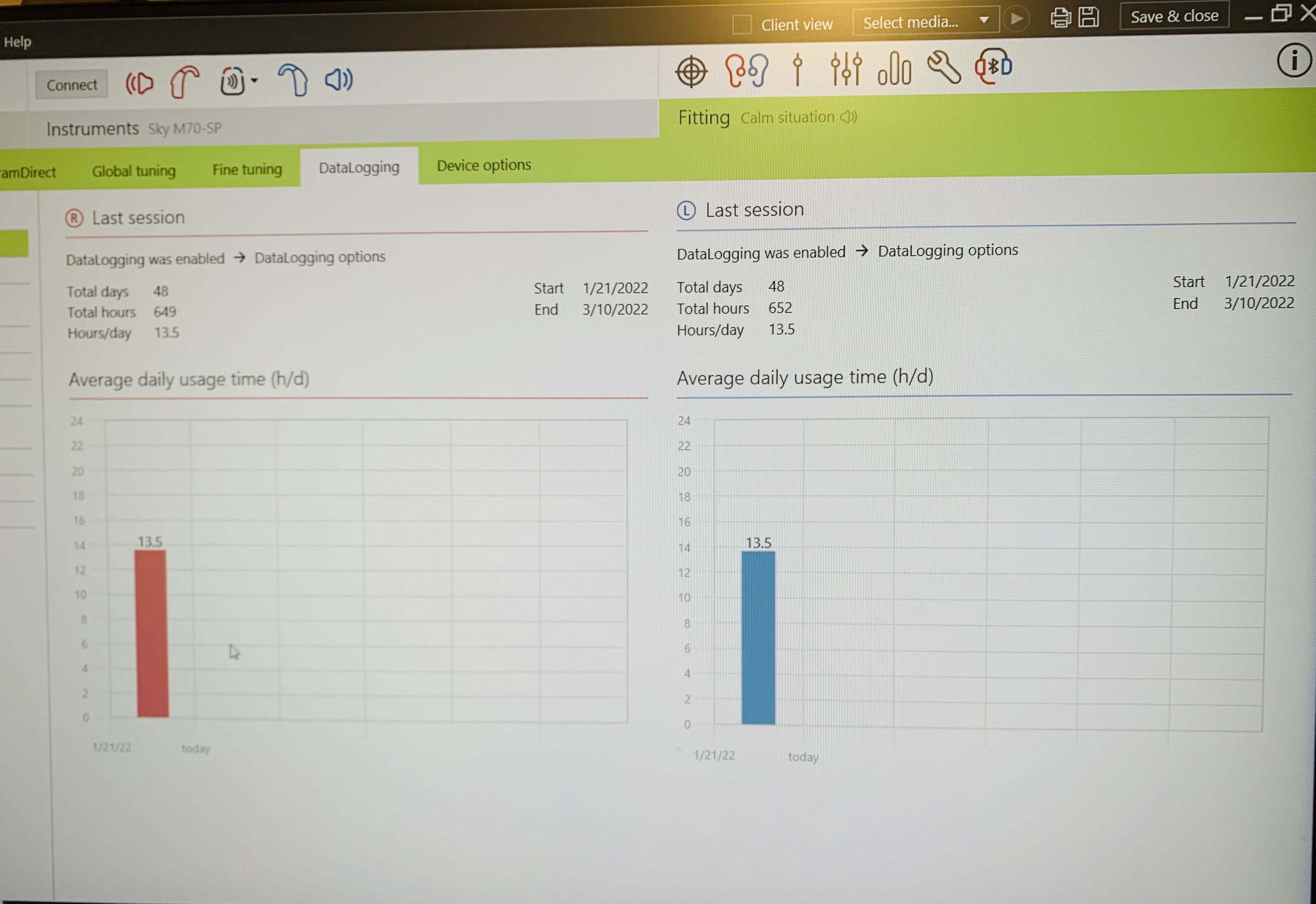 Hearing aid software screenshot showing hours of wear time