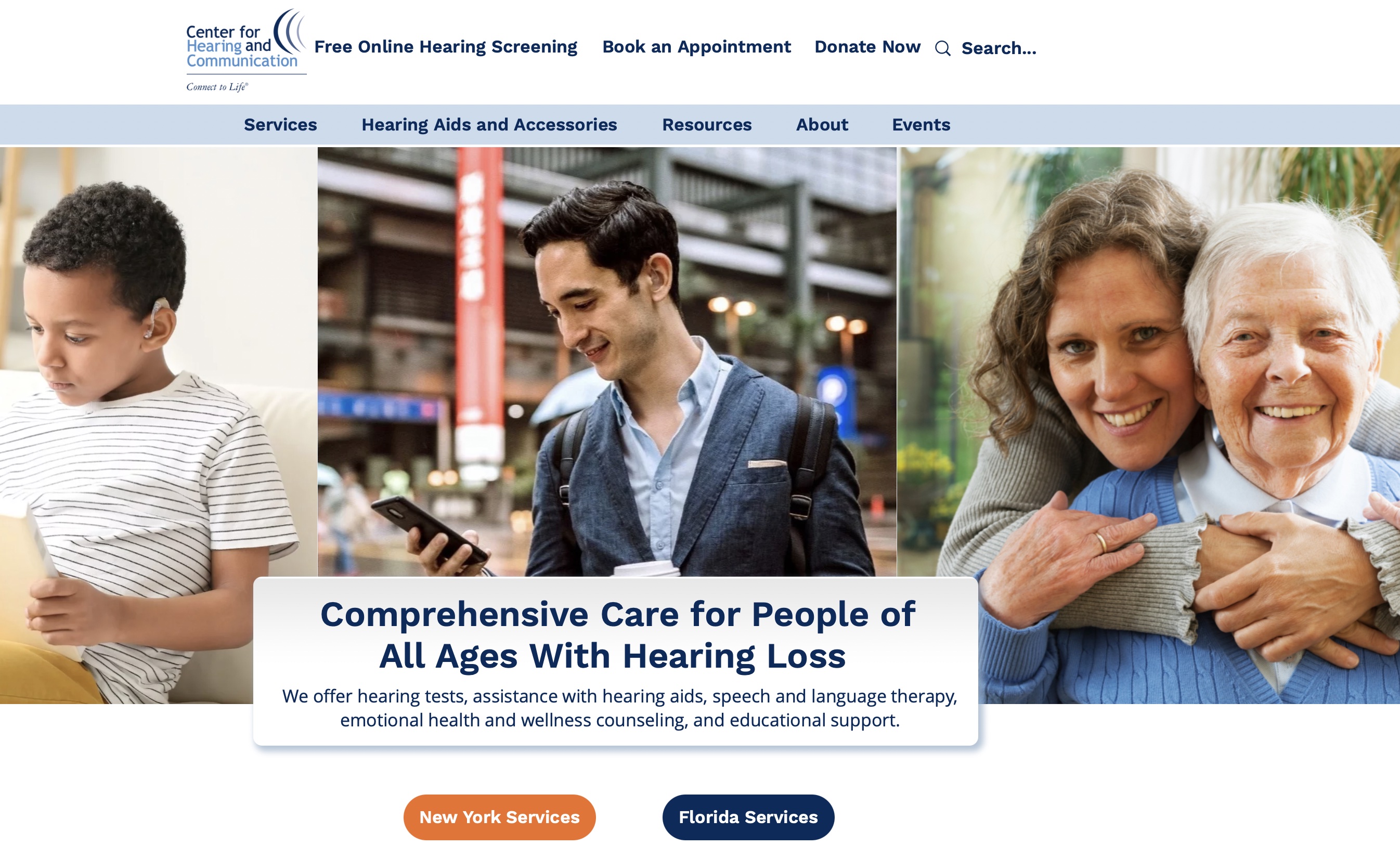 Screenshot of a website featuring images of adults and a child wearing hearing aids