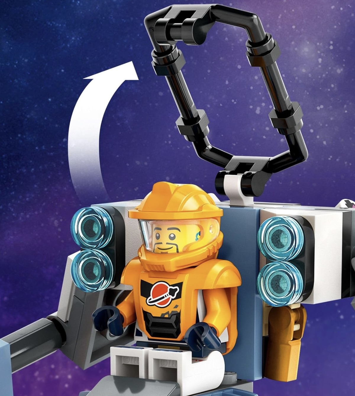 LEGO City Space Construction Set with mini figure wearing hearing device, robot, and planet scene with rocks and crystals