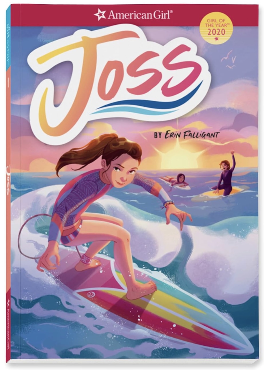 American Girl book "Joss: Touch the Sky" showing girl surfing with brown hair