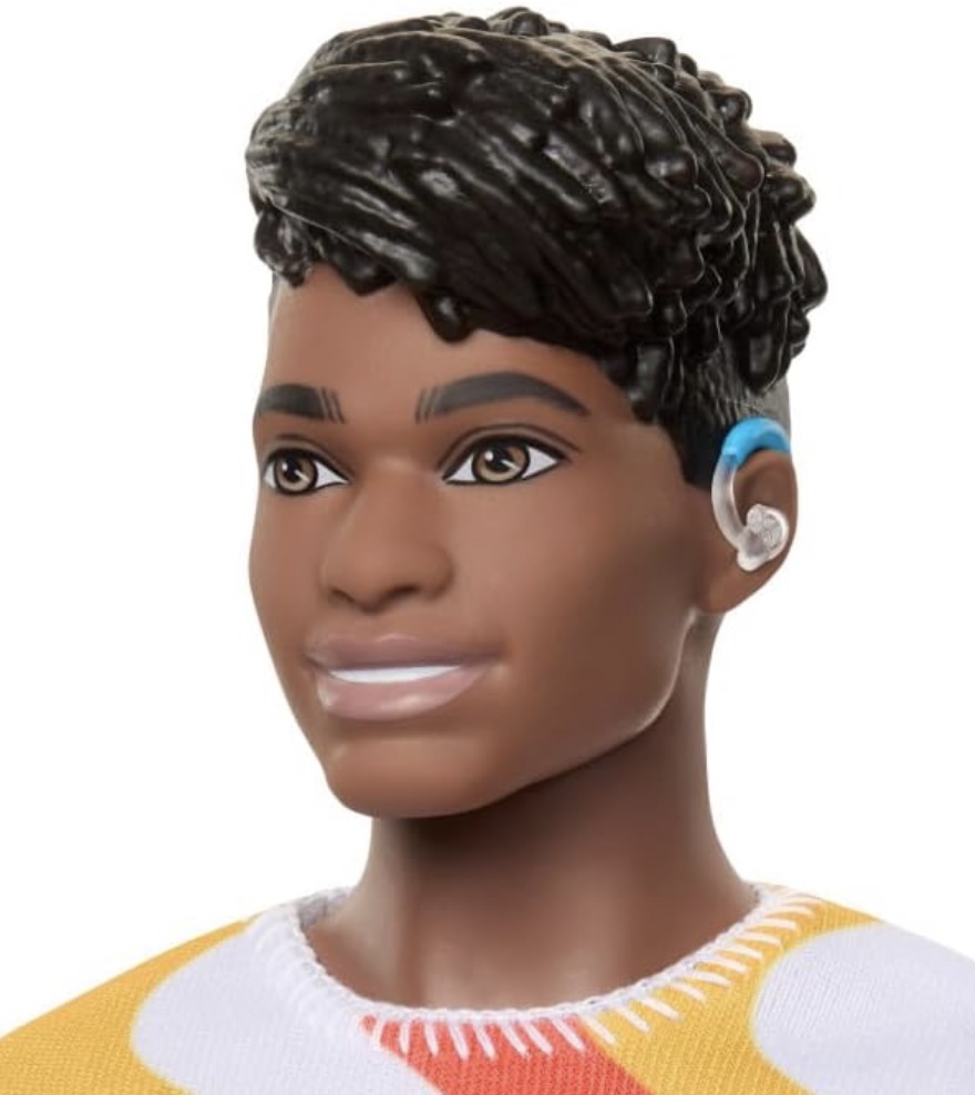 Barbie Fashionistas Ken #220 close-up wearing blue and white behind-the-ear hearing aid