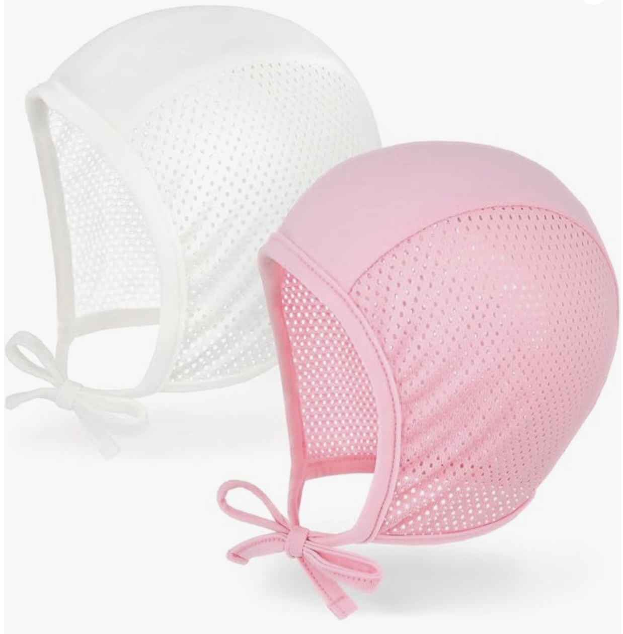 JELLYTREE hearing aid bonnets in white and pink mesh with ties, soft toddler pilot caps