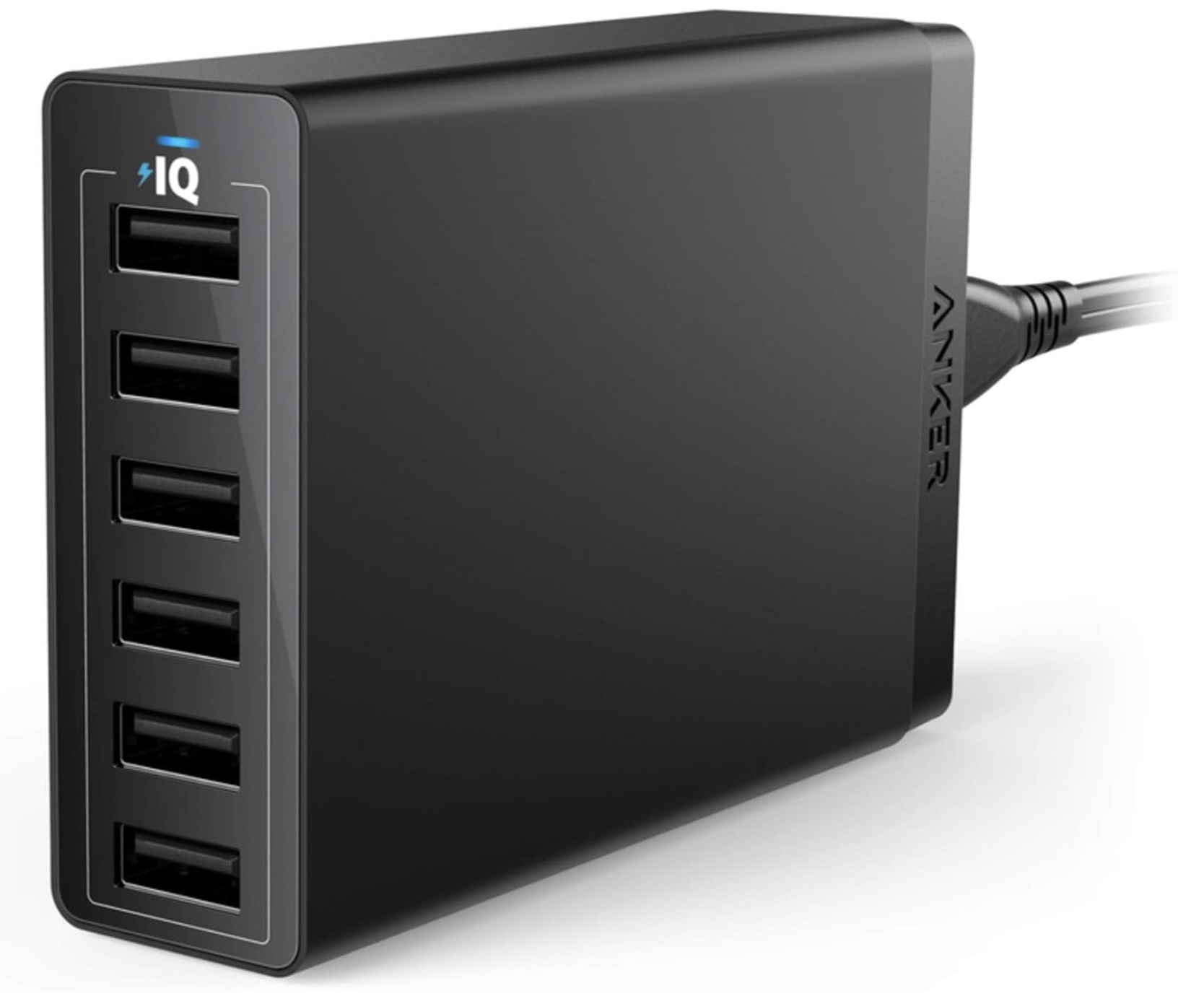 Anker PowerPort 6 black multi-port USB charging station with six ports and power cord