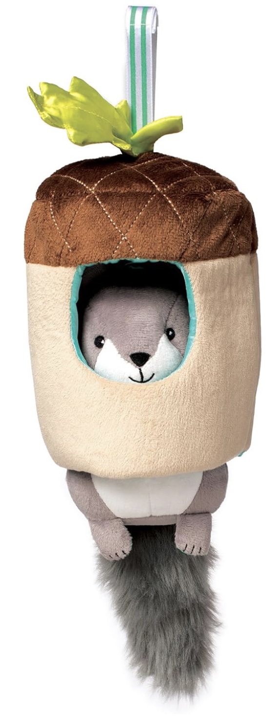 Lullaby Squirrel pull-down music toy with plush squirrel emerging from acorn house, playing Brahms lullaby