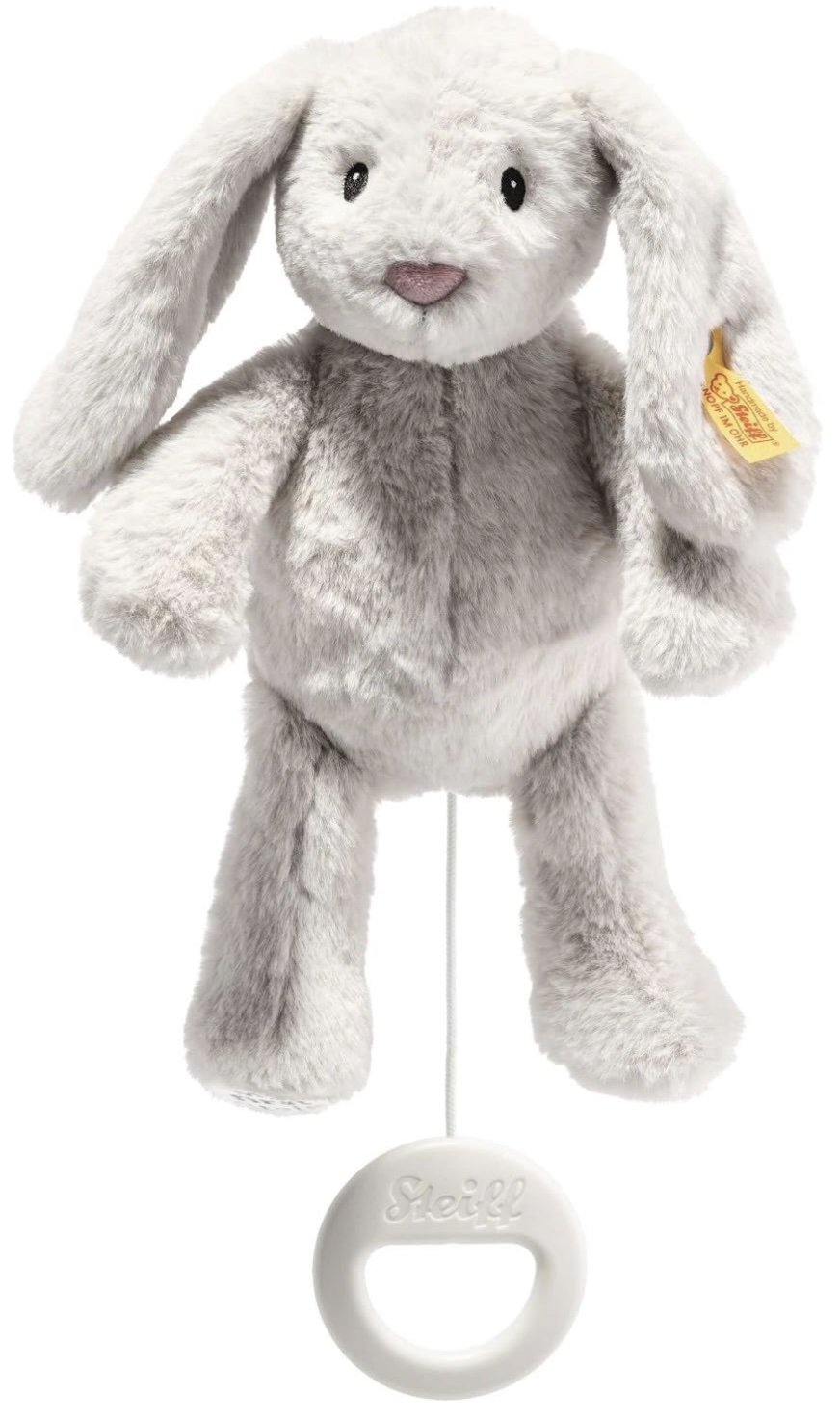Steiff My First Hoppie pull-down bunny music toy with white and gray plush rabbit and white ring handle