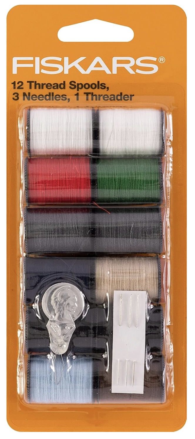 Fiskars hand sewing thread pack with 12 spools in assorted colors, needles, and threader for sewing projects