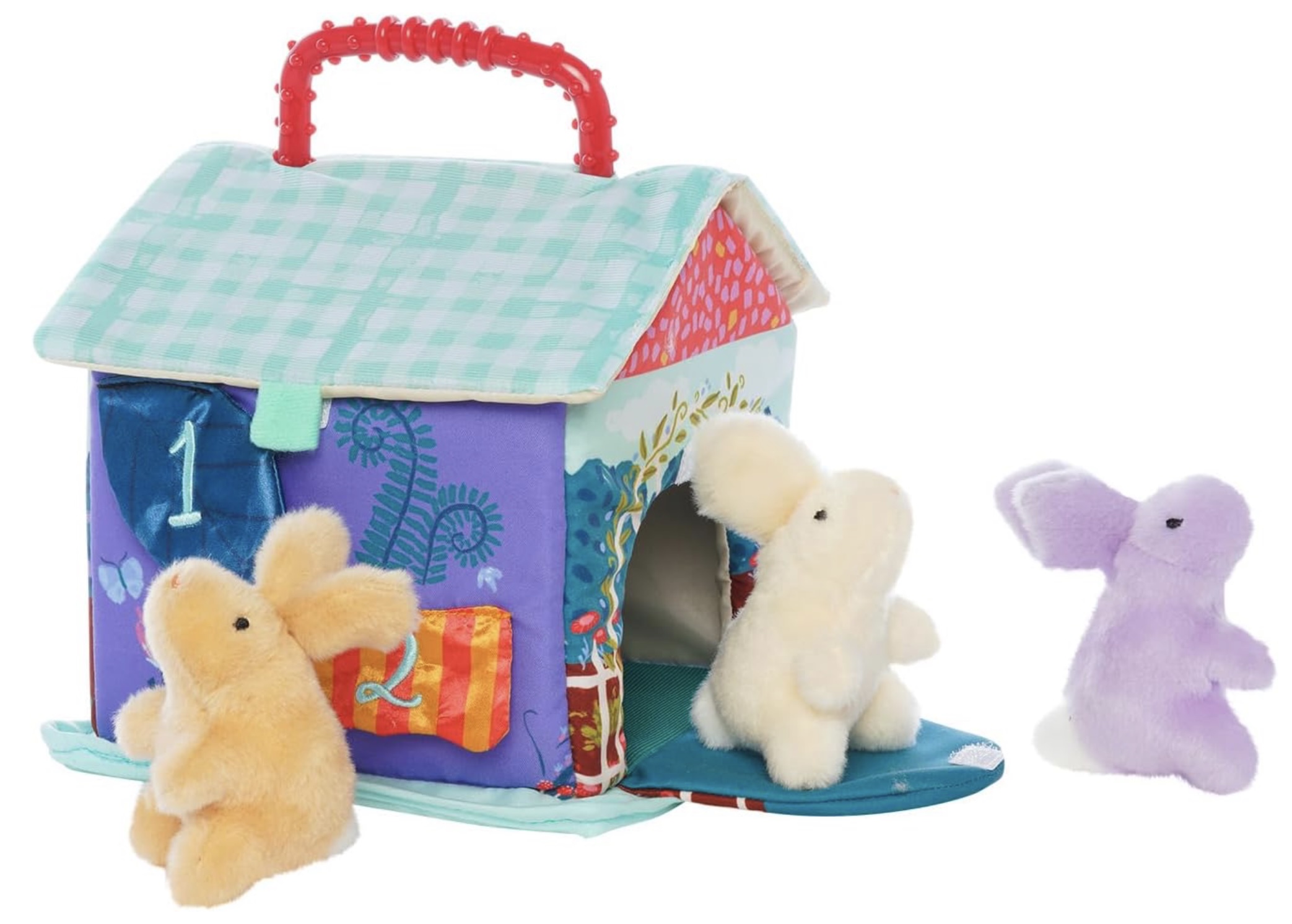 Manhattan Toy Cottontail Cottage with three plush bunny rattles in white, beige, and purple for spill-and-fill sensory play and speech therapy for hard of hearing babies