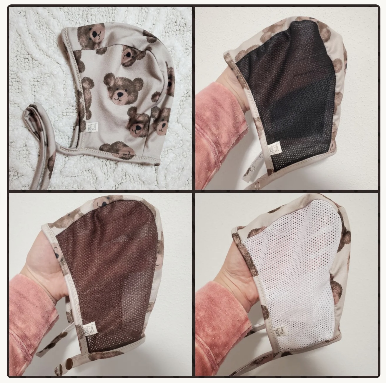 Teddy bear print hearing aid bonnet with mesh panels, for hearing aid retention for hard of hearing babies