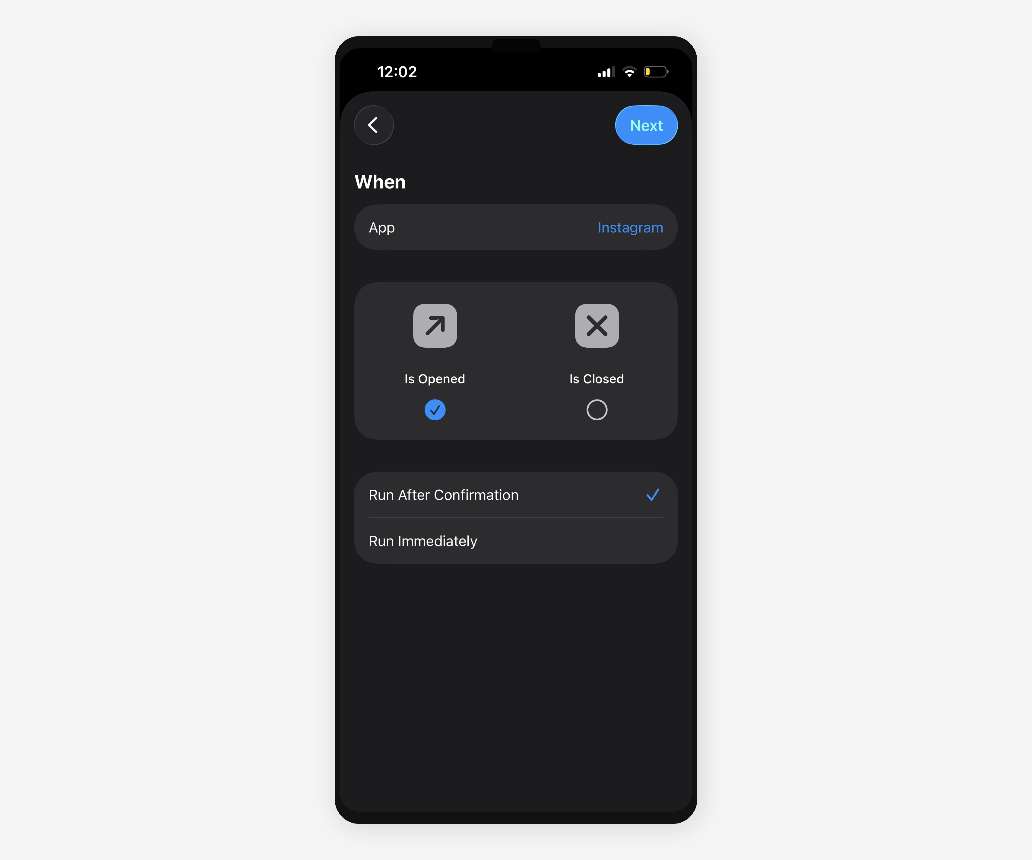 iPhone Shortcuts automation that triggers a reminder when Instagram is opened