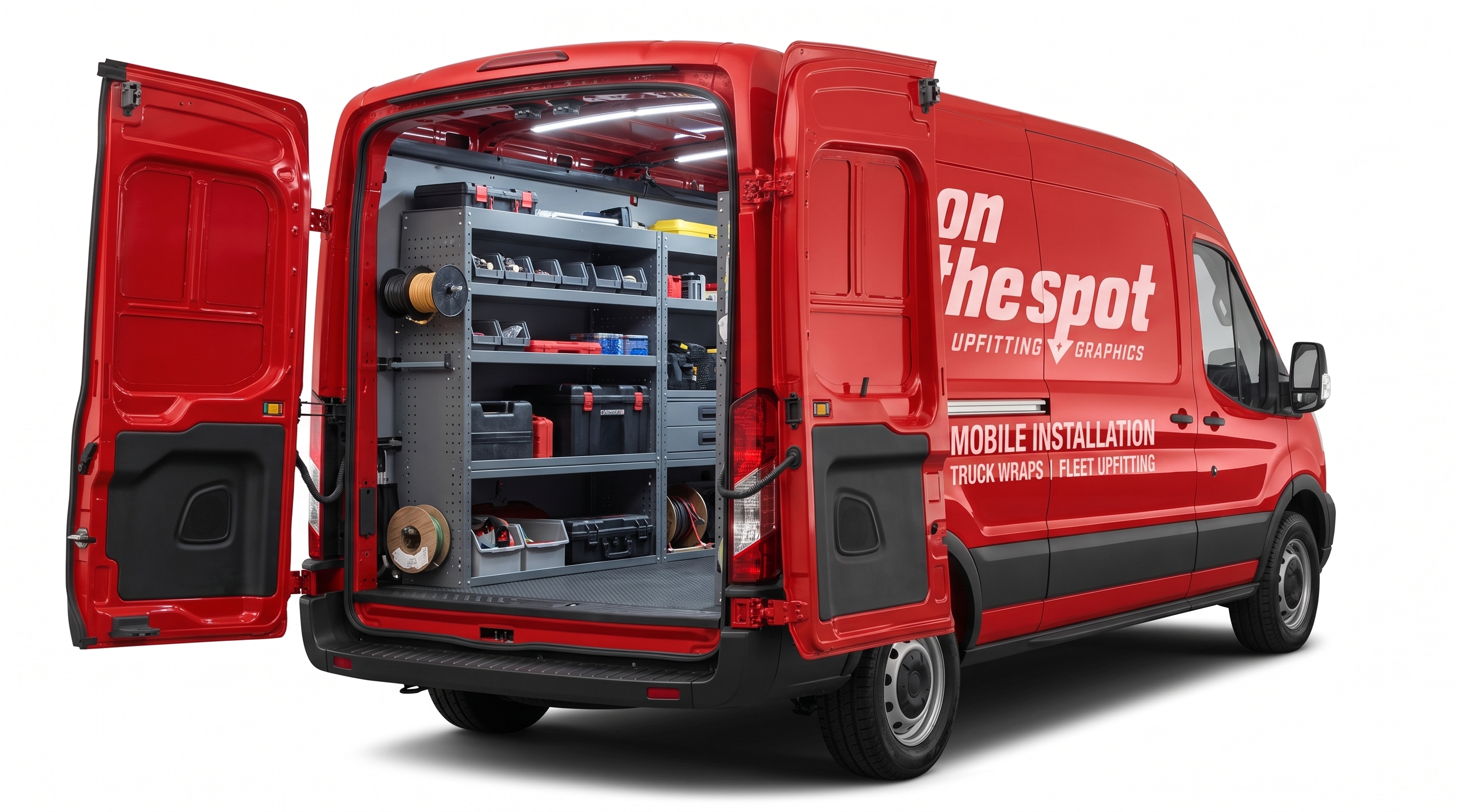 On The Spot Ford Transit fleet upfitting with custom shelving and storage