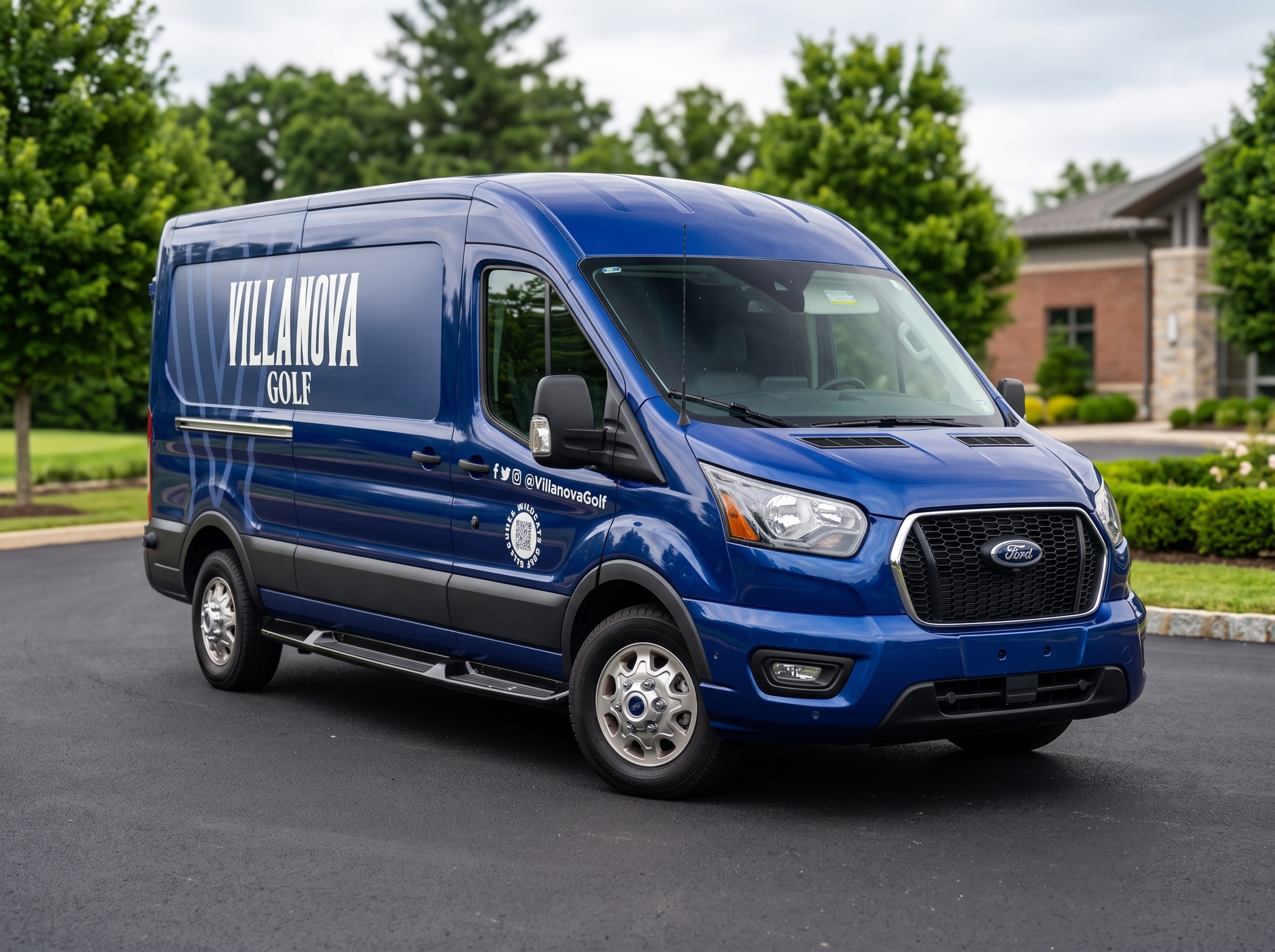 Blue Ford Transit van with Villanova fleet graphics in Philadelphia