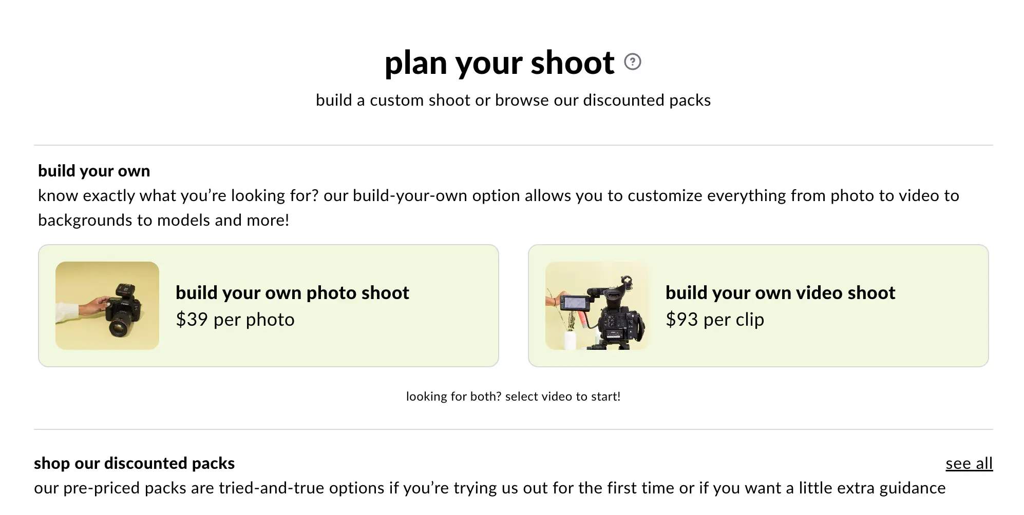 soona booking page showing photo and video content type options