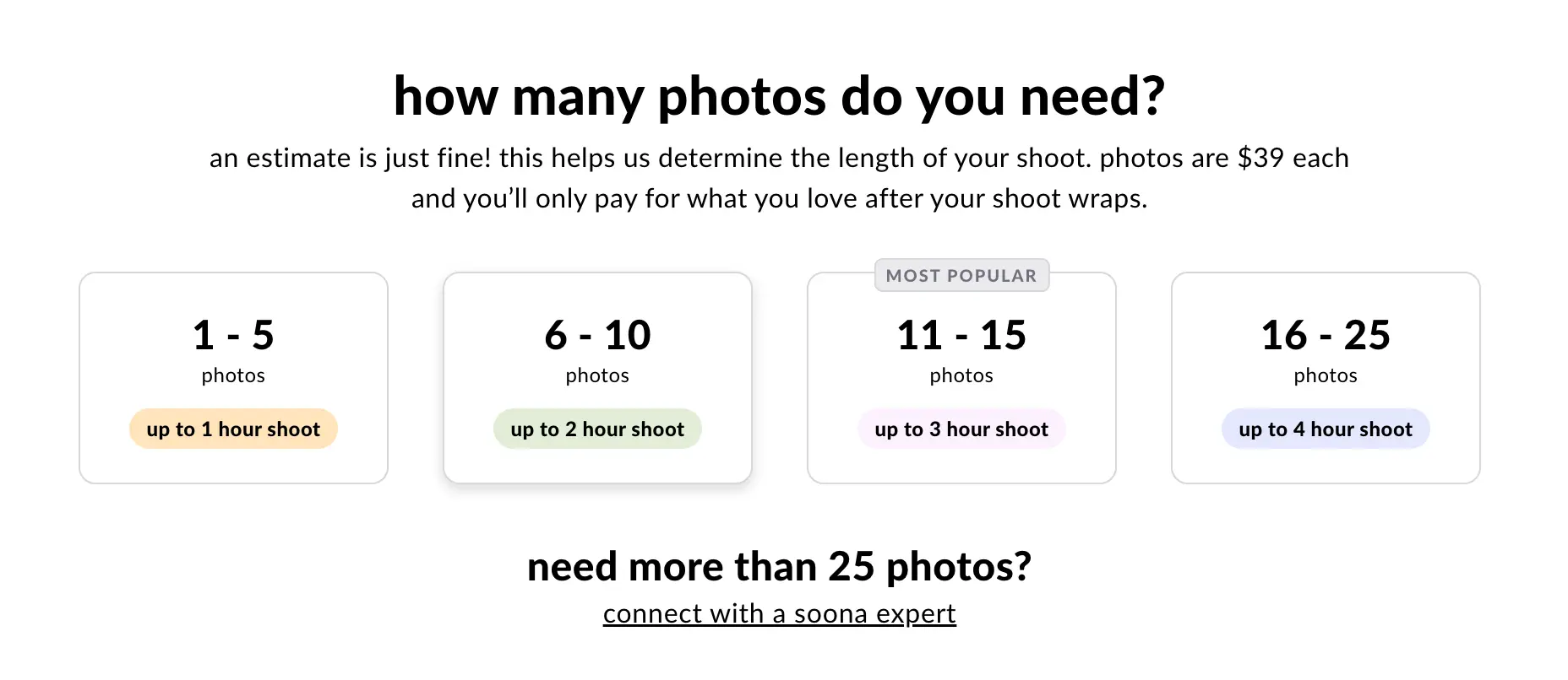 soona booking page showing photo quantity selection