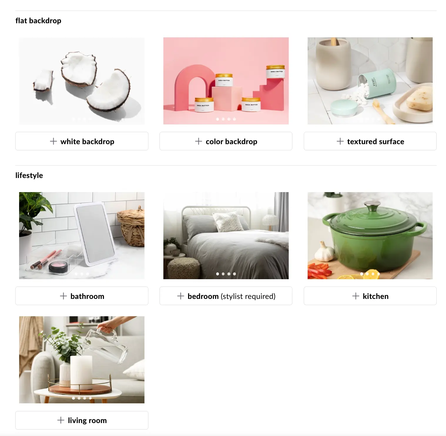 soona backdrop selection screen with flat and lifestyle scene options