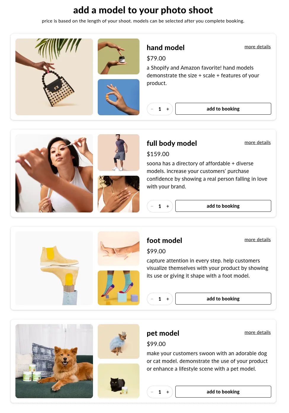 soona model selection interface showing hand, full body, foot and pet models