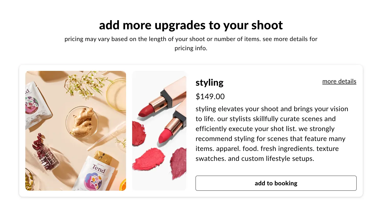 soona booking interface showing styling upgrade options