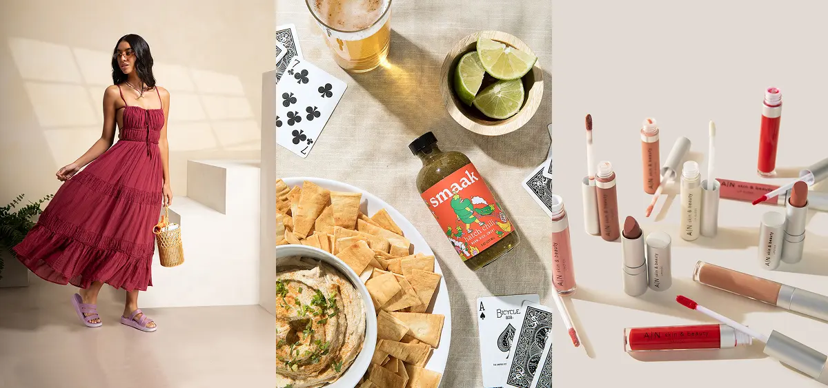 Three photos: Photo 1 of a model wearing a flowy dress, photo 2 of a delicious looking snack of hummus, pita chips and beer, photo 3 of uniquely posed lip sticks