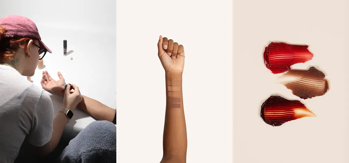 Examples of styling for beauty products, image 1 of stylist making foundation swatch colors on models wrist, image 2 of final photo of swatches on wrist, image 3 is swatches of lipstick on a flat background