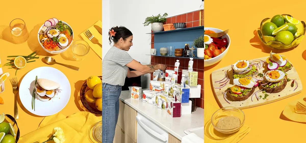 examples of food styling, delicious looking ramen tablescapes and a stylist setting up a group shot of purees