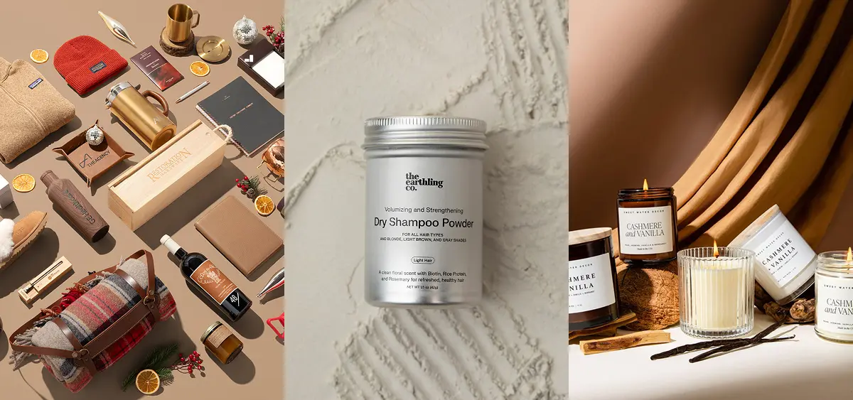 three styled images, one is a flatlay of many products aesthetically grouped together, one is a beauty product laying on top of combed powder, and the last a group of candles with a draped curtain backdrop and ingredients placed in front