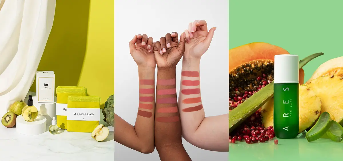 three examples of styled images with fresh produce, group shots and beauty swatches on models