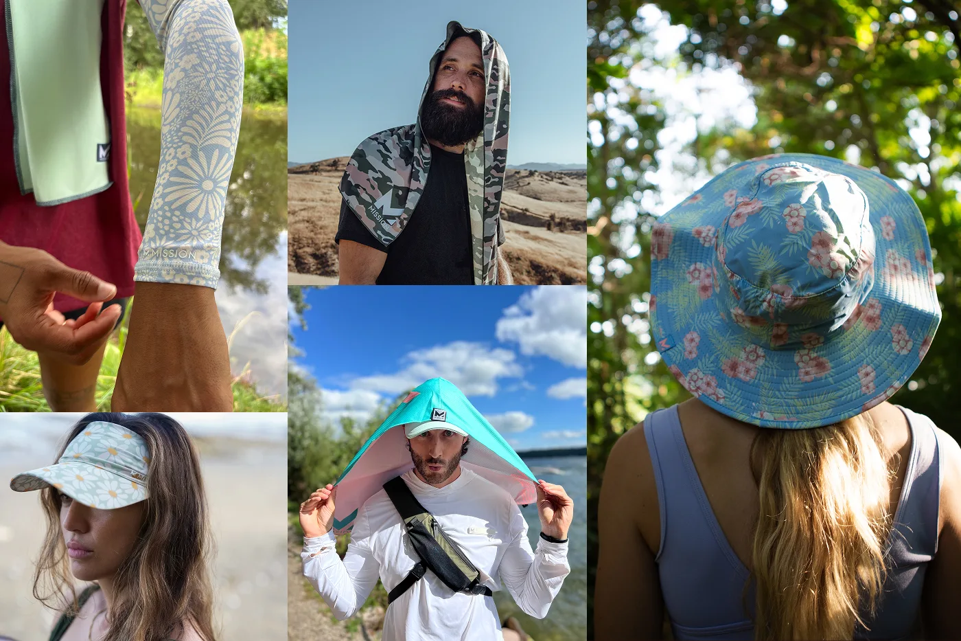 UGC photos of active people wearing Mission products like hats and bandanas