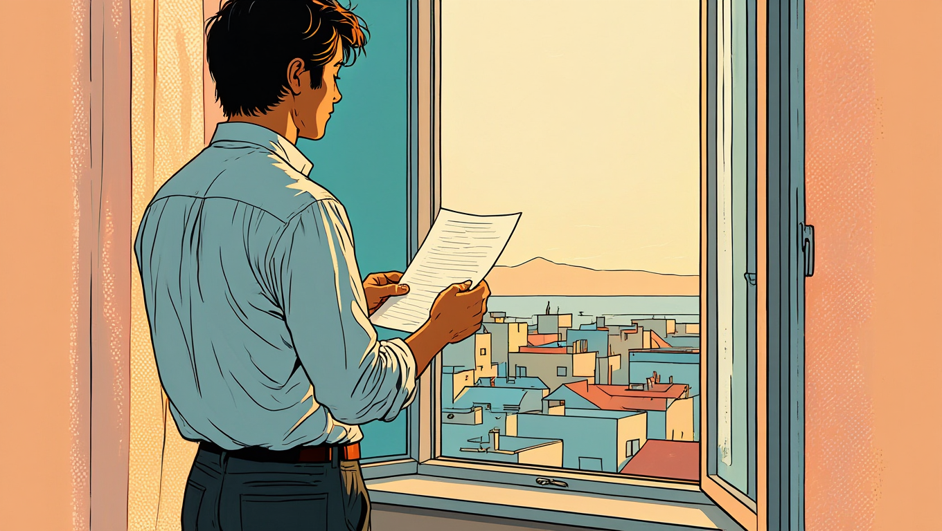 Founder looking out at the sunrise holding a printed application letter