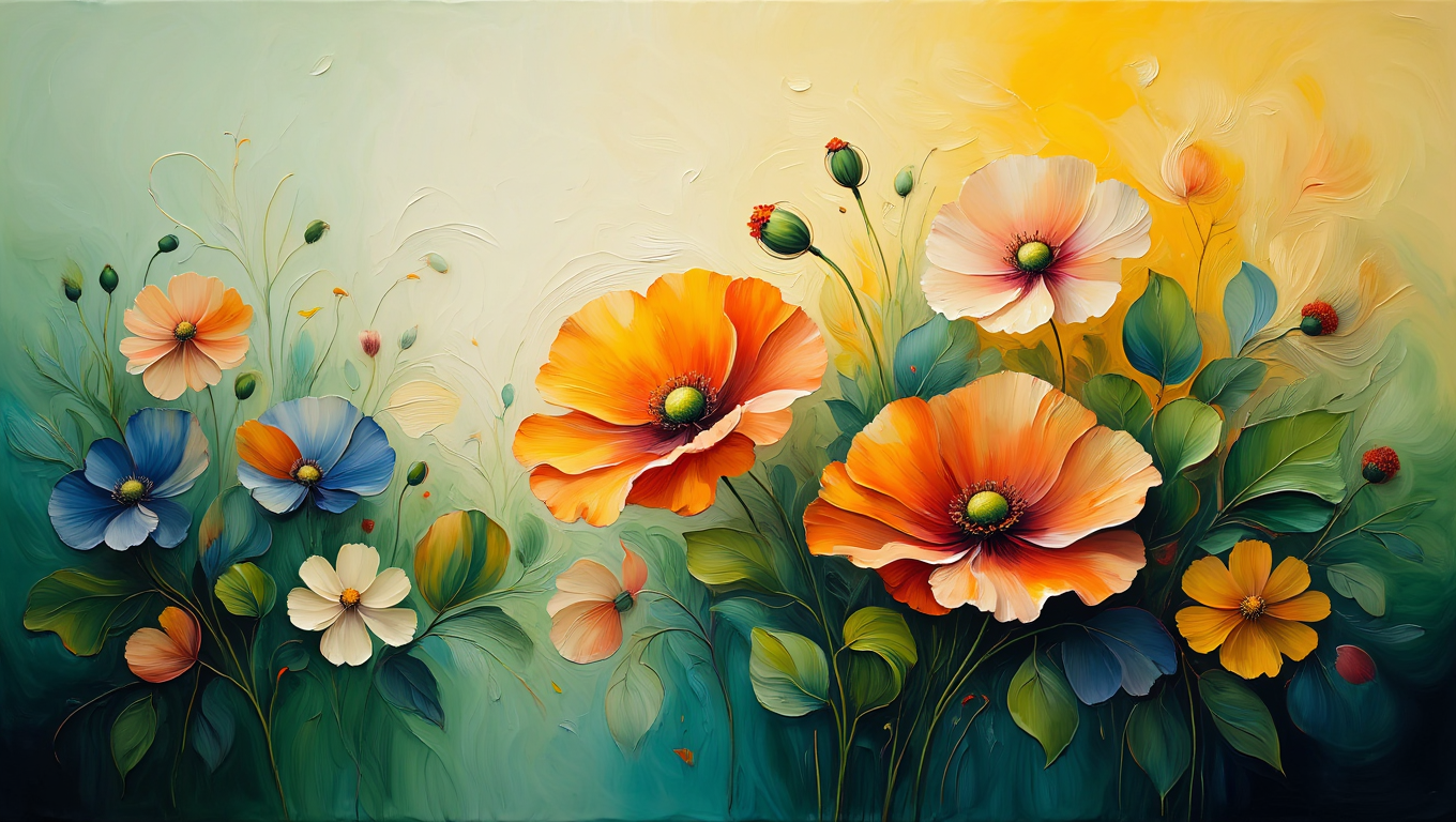 Painterly garden of poppies and cosmos in the Flowjam style