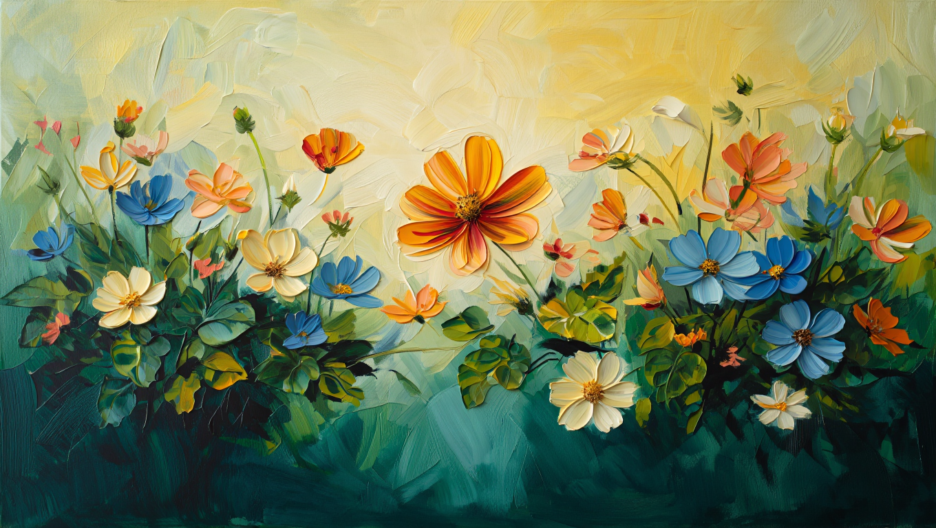 Painterly garden of cosmos and dahlias drifting through morning light in the Flowjam style