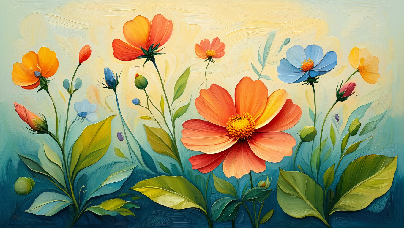 Painterly garden of cosmos and dahlias in the Flowjam style