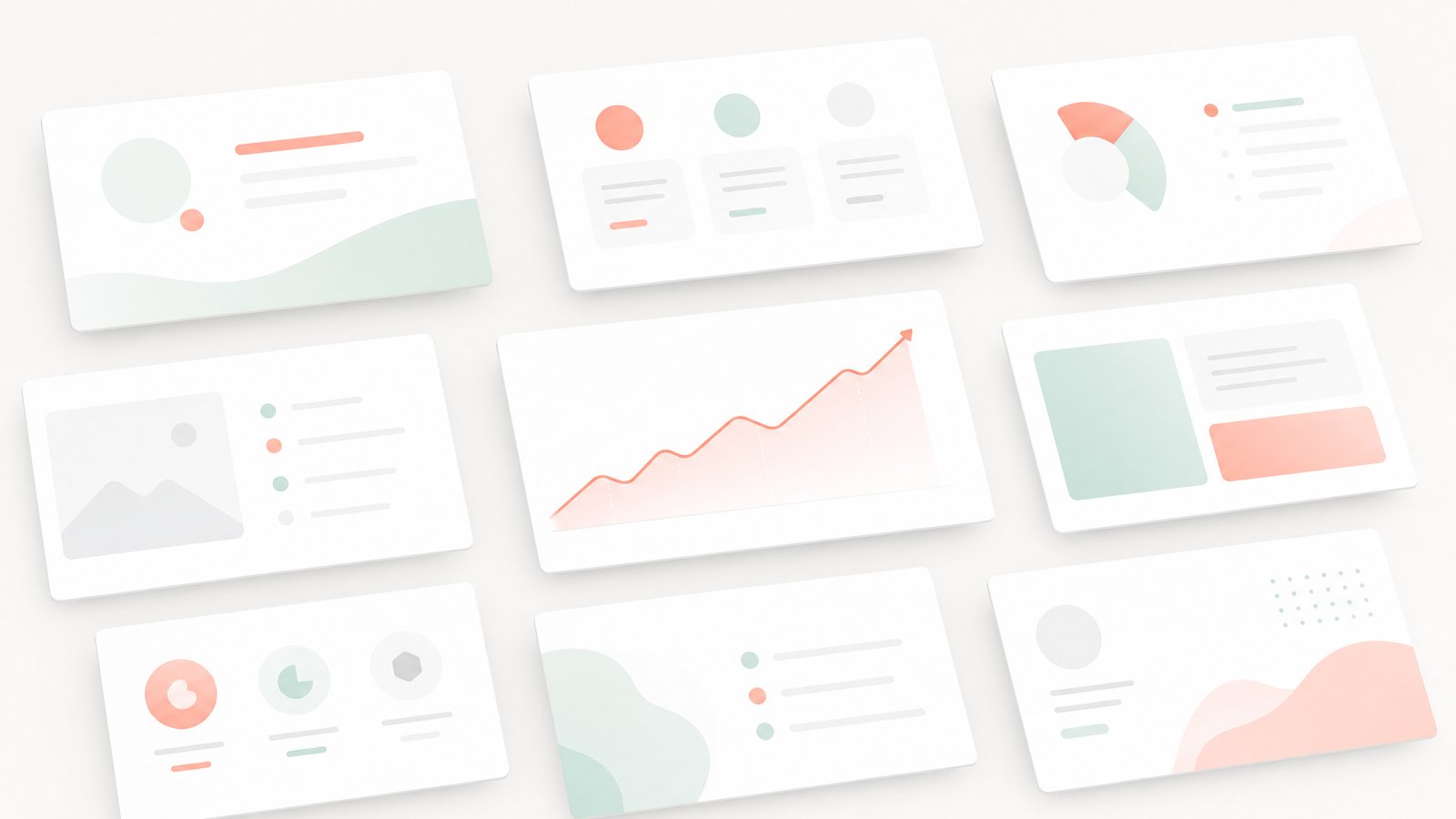 Set of clean SaaS pitch deck slide cards including a rising traction chart, illustrating the 12-slide template