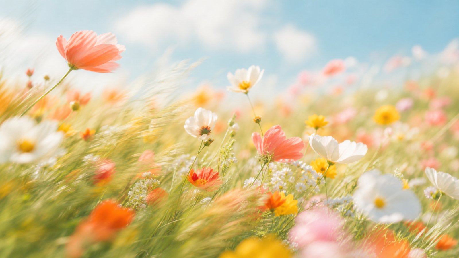 Bright impressionistic motion-blur wildflower meadow in coral and gold