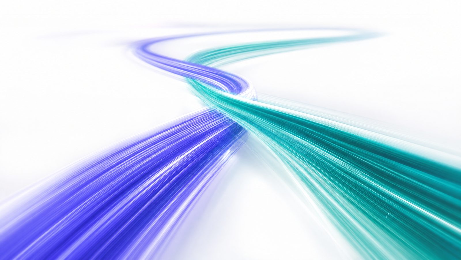 Abstract indigo and teal high-key light ribbons racing and crossing on a pale background