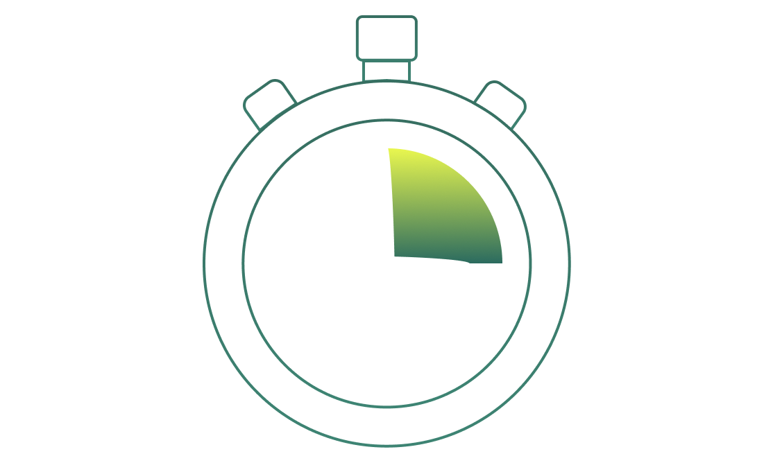 Stopwatch showing a quarter of the time elapsed marked by a green gradient sector between 12 and 3 o'clock.