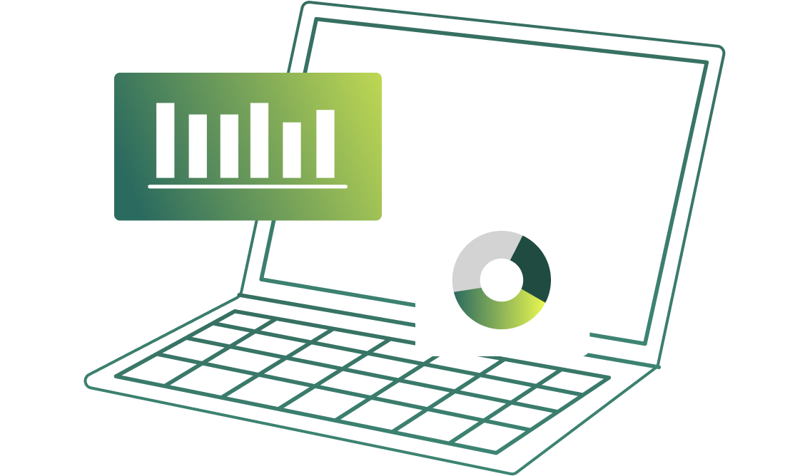 Outline of a laptop with floating bar chart and pie chart icons above the keyboard.