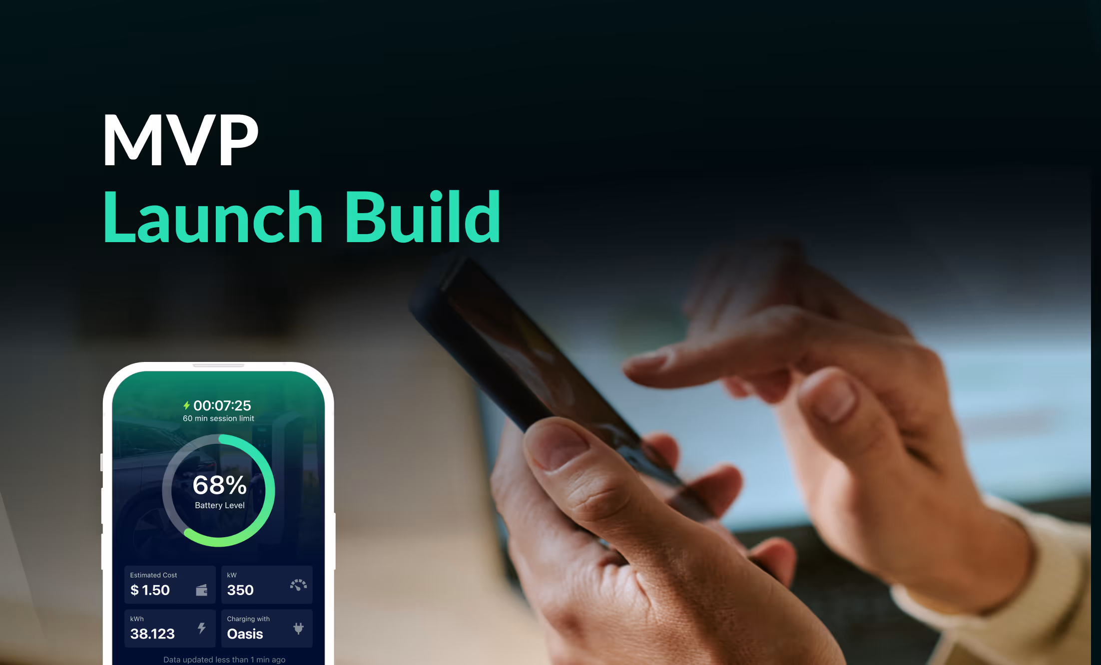 Close-up of hands holding and interacting with a smartphone displaying a battery level app screen.