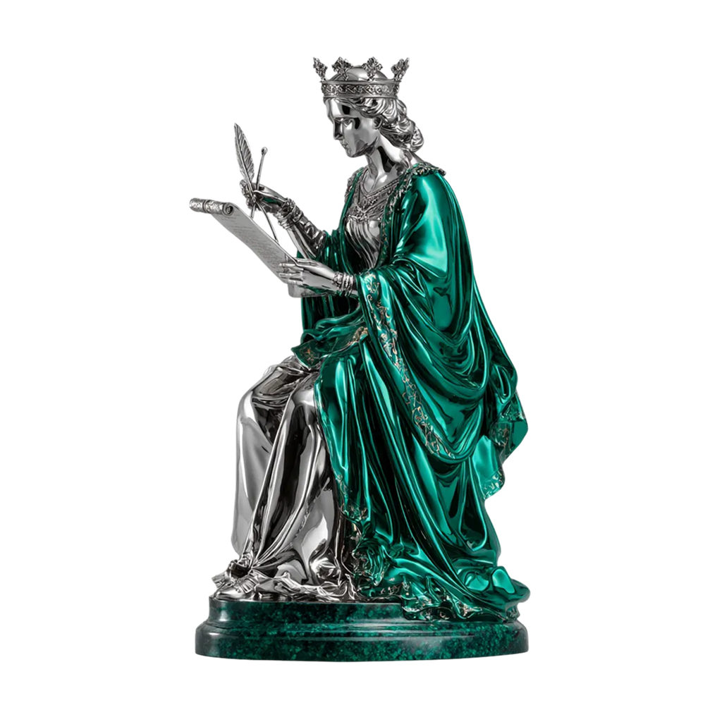 Silver and emerald statue of a crowned medieval queen seated, reading a scroll with a quill in hand.