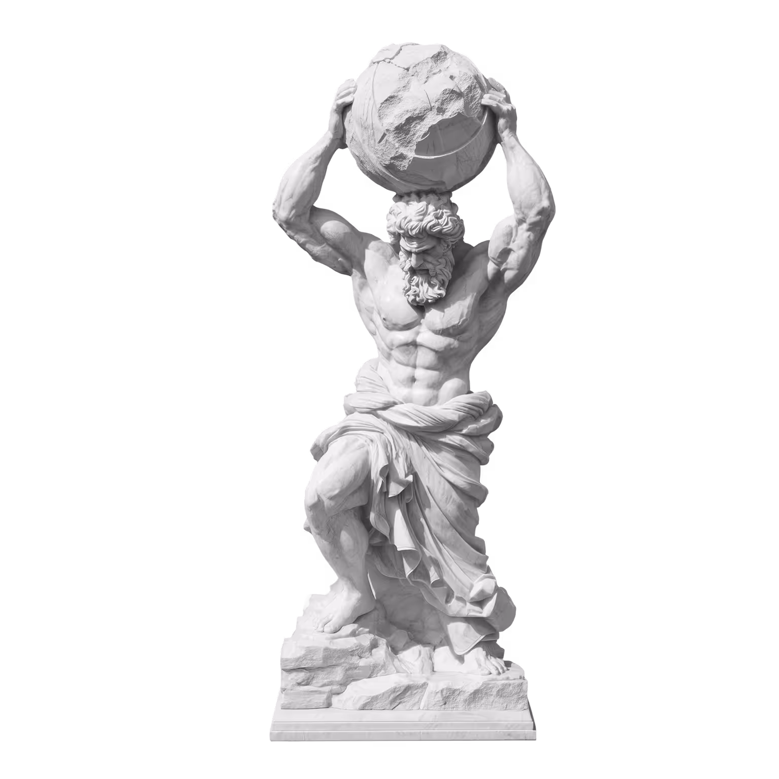 Marble statue of Atlas kneeling and holding a large, cracked globe above his head.