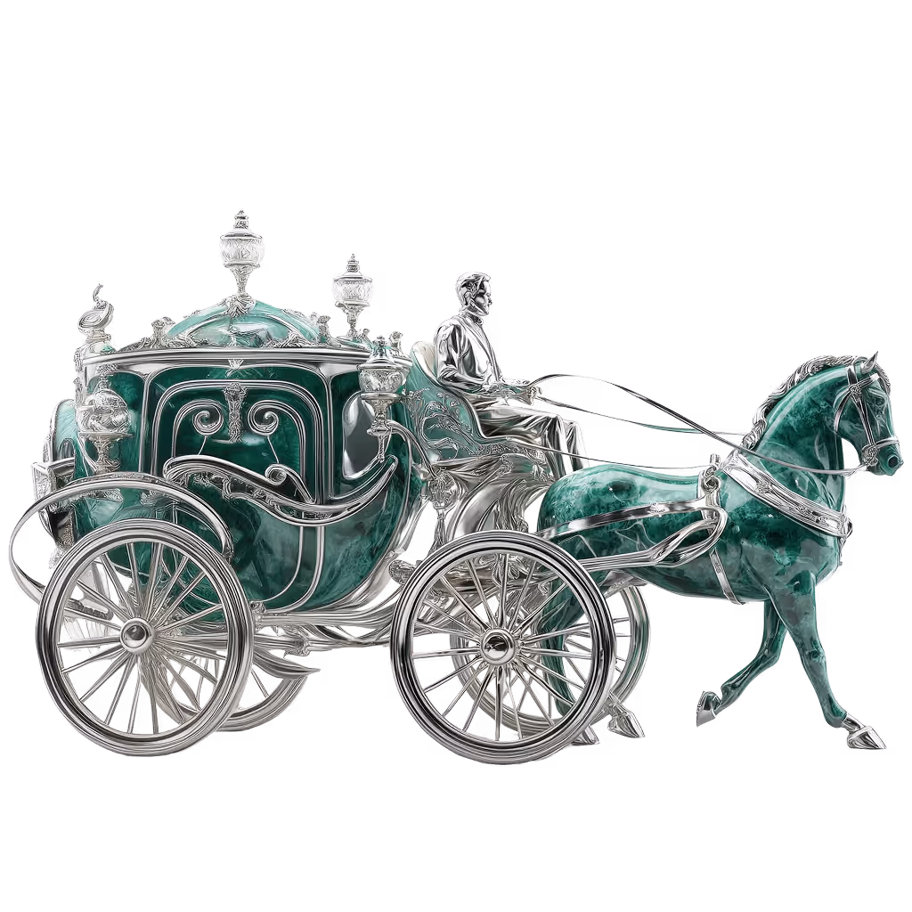 Ornate green and silver horse-drawn carriage with a silver coachman holding reins.
