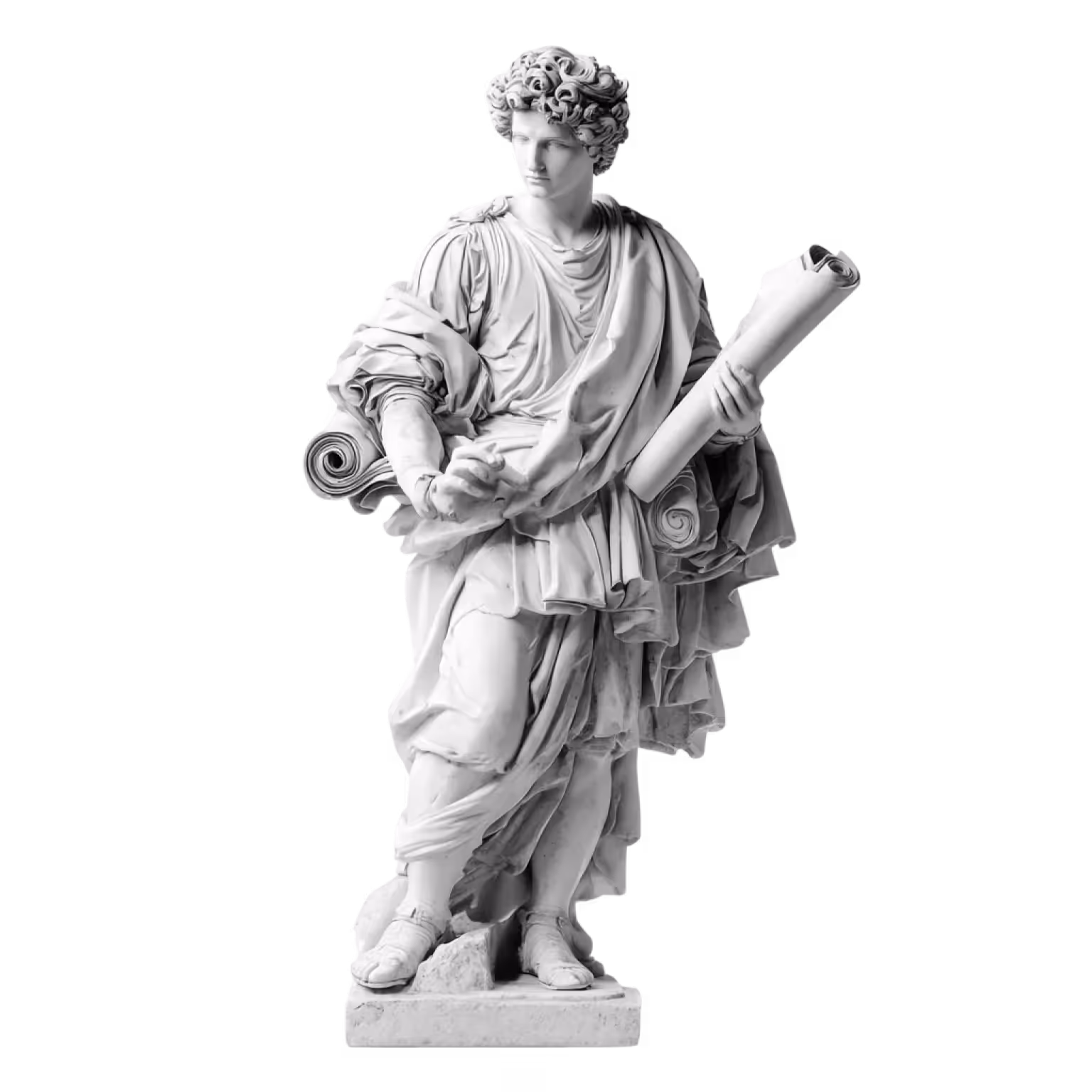 Marble statue of a robed man holding a scroll in his left hand and looking to his right.