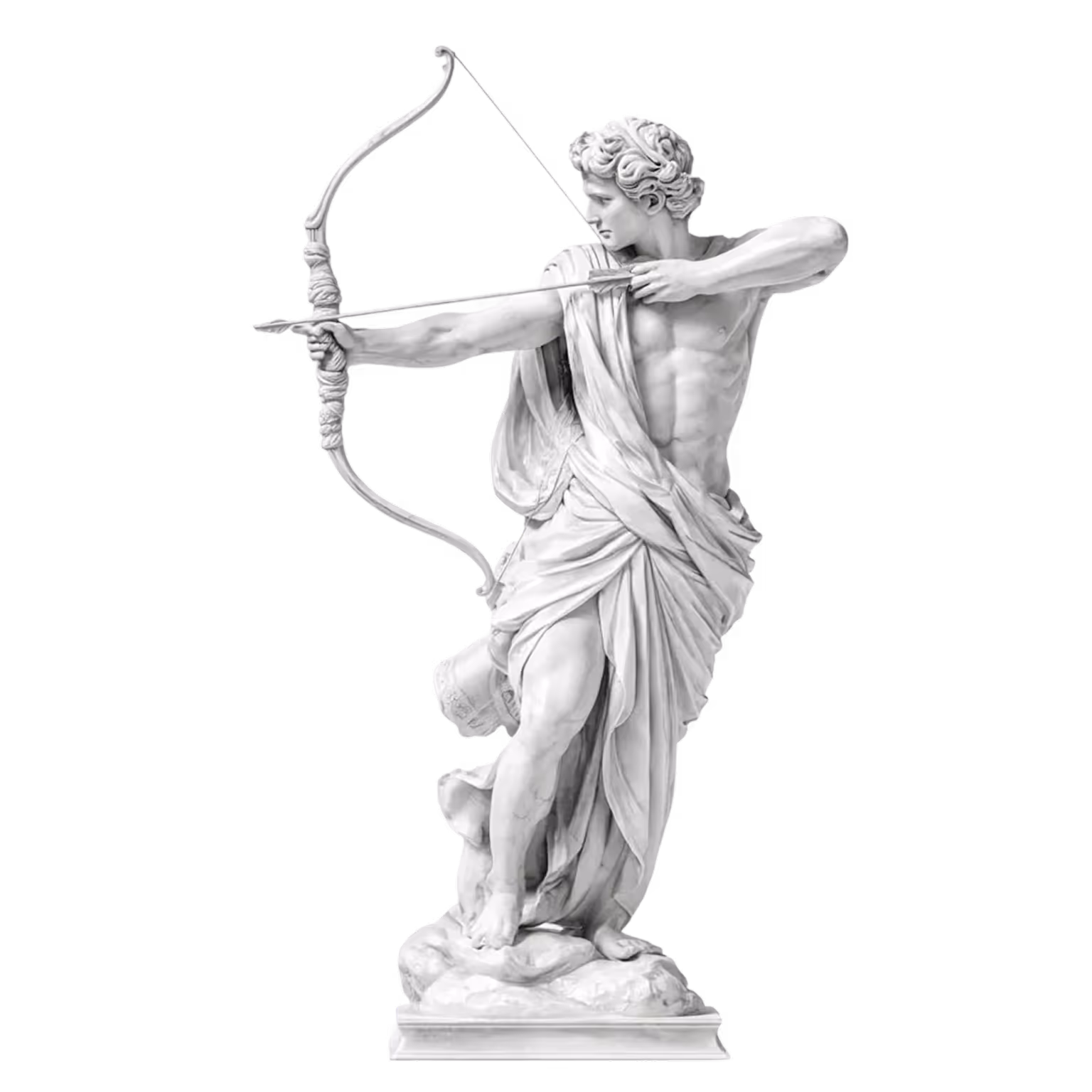 Marble statue of a muscular male archer in draped cloth, drawing a bow and aiming an arrow.