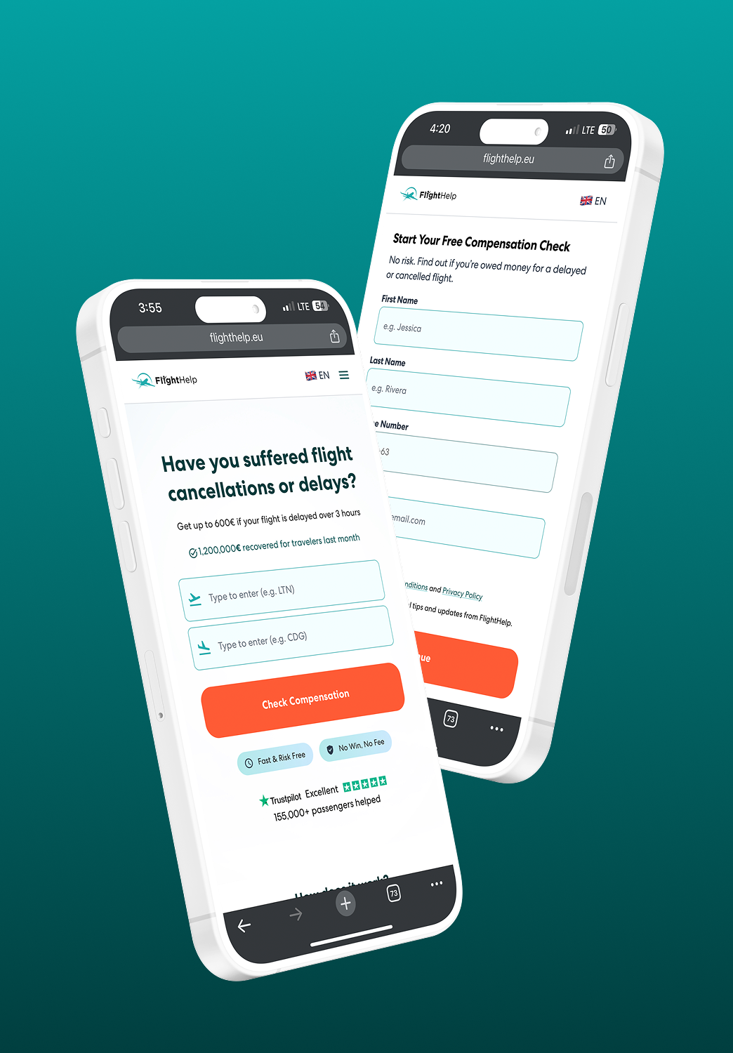 Two smartphones displaying FlightHelp's website with flight compensation check forms on a teal background.
