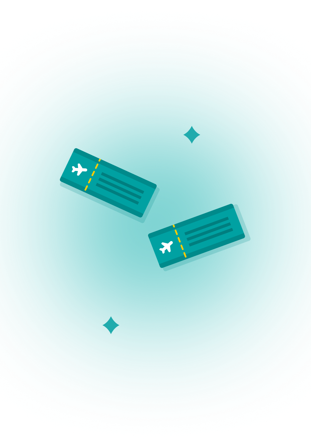 Two teal airplane tickets with a white airplane icon and yellow dashed line on a light teal background.