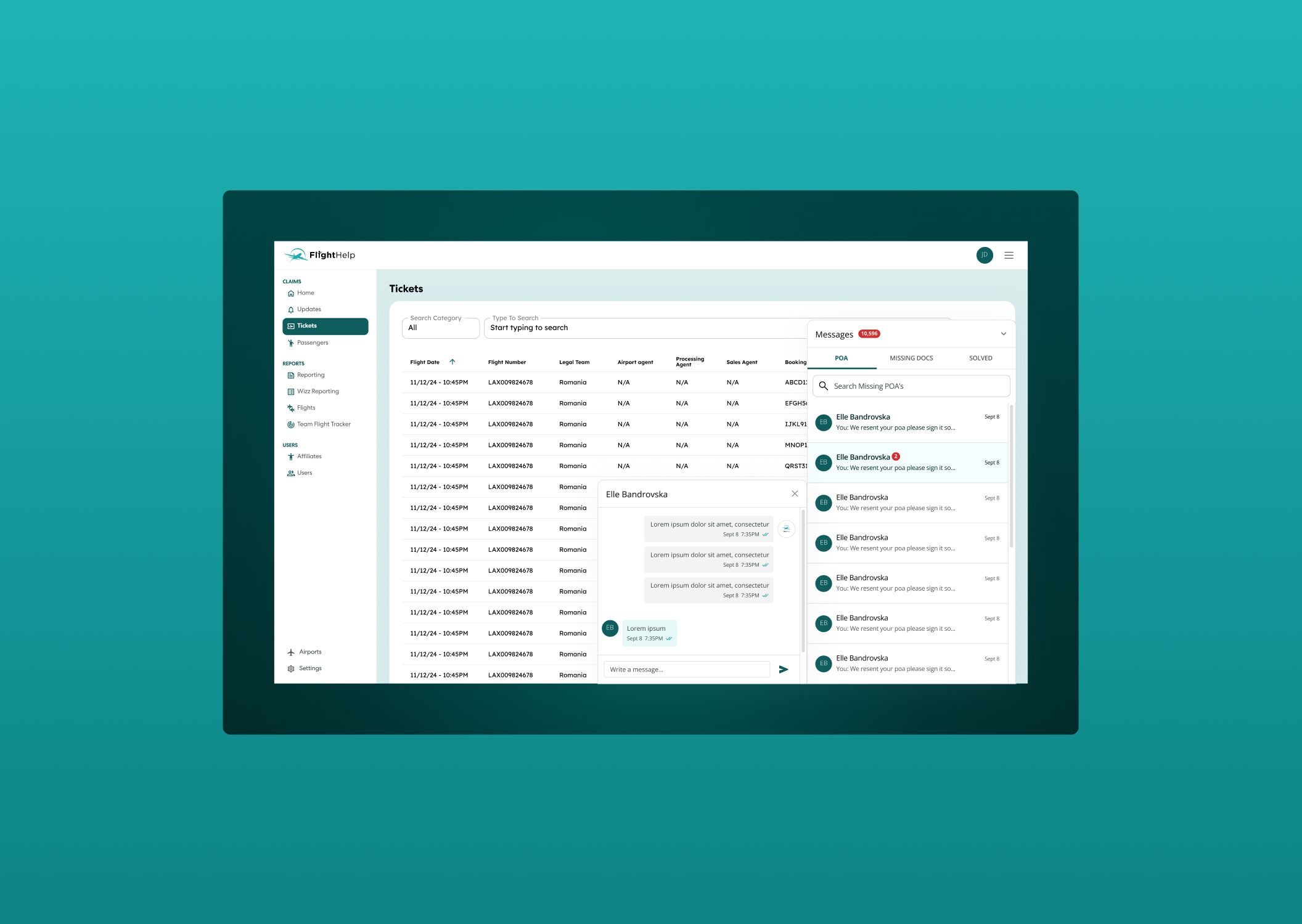 FlightHelp dashboard screen showing ticket list, chat conversation with Elle Bandrovska, and message inbox with tabs for POA, Missing Docs, and Solved.