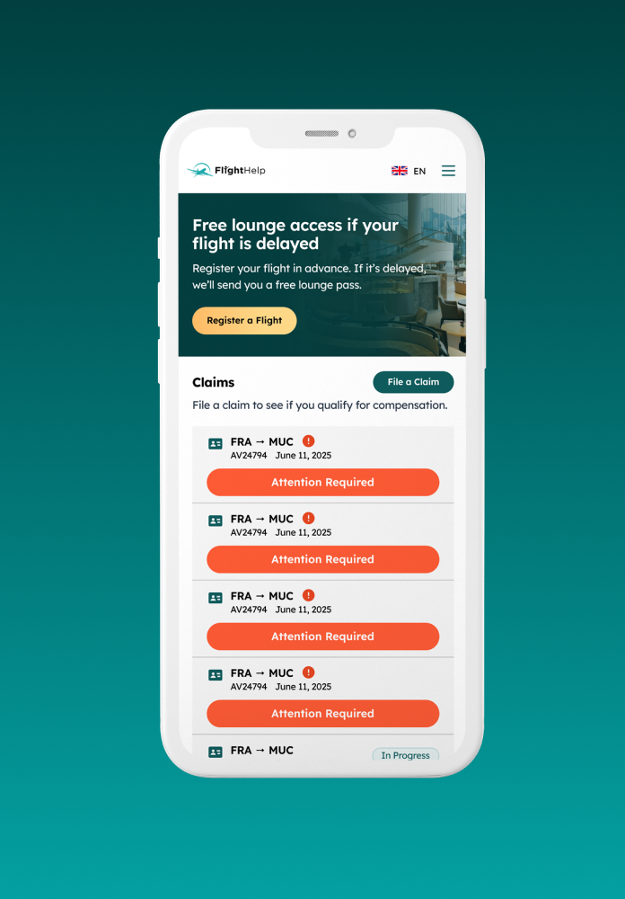Mobile app interface for FlightHelp showing free lounge access offer and multiple flight claims with status 'Attention Required' or 'In Progress'.