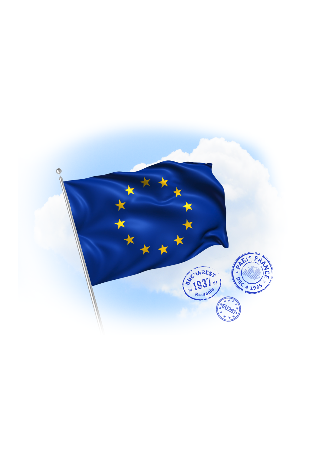 European Union flag waving on a pole with a cloudy sky background and blue EU-themed passport stamps nearby.