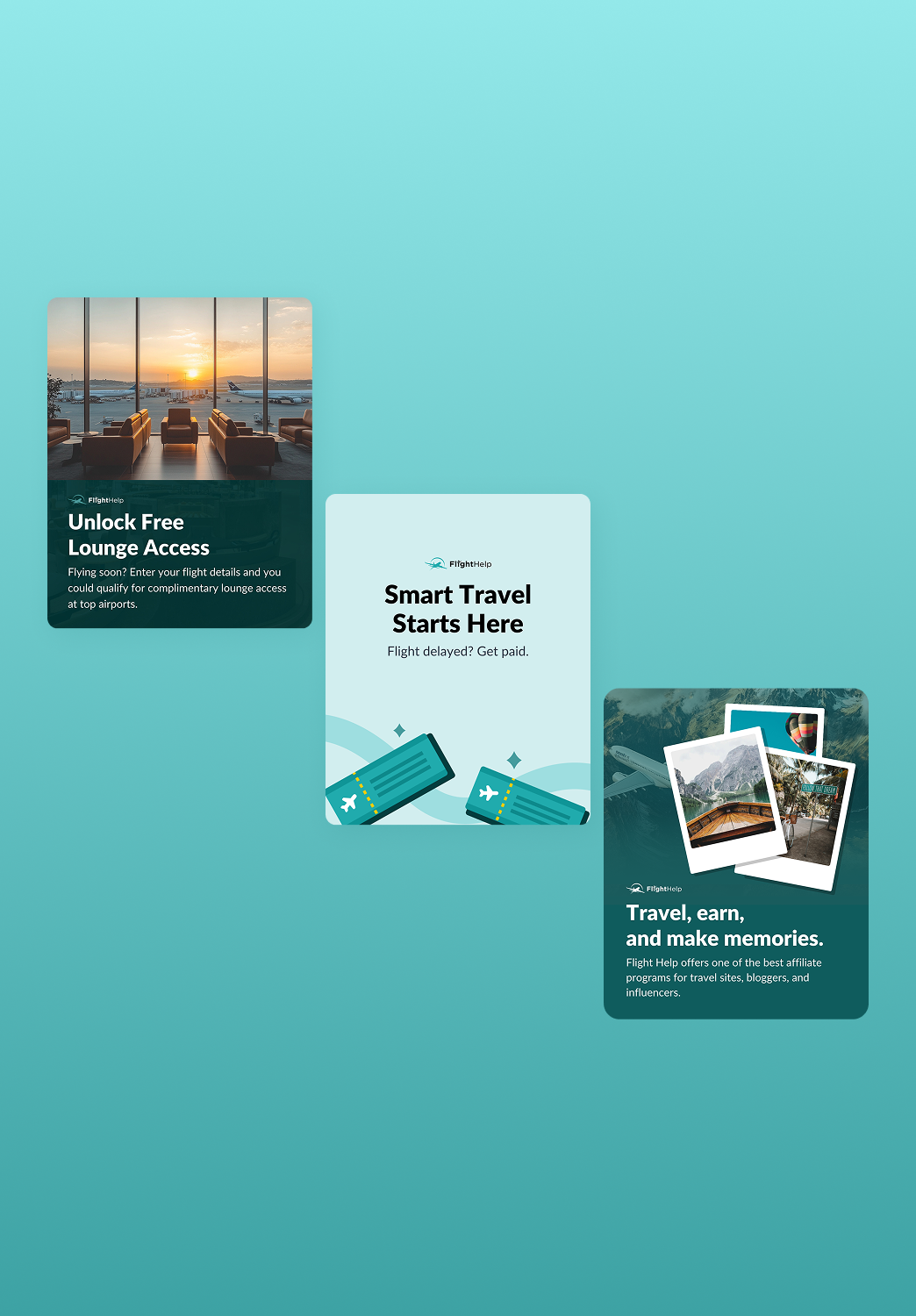 Three promotional panels: an airport lounge at sunset with text 'Unlock Free Lounge Access'; boarding passes with text 'Smart Travel Starts Here'; and travel-themed Polaroid photos with text 'Travel, earn, and make memories'.