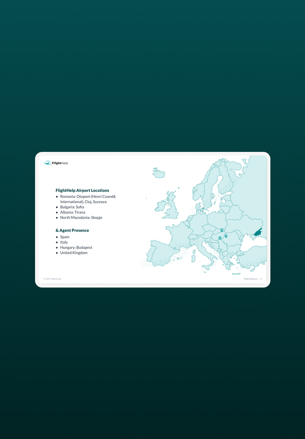 Map of Europe highlighting FlightHelp airport locations in Romania, Bulgaria, Albania, North Macedonia, and agent presence in Spain, Italy, Hungary, and the UK.