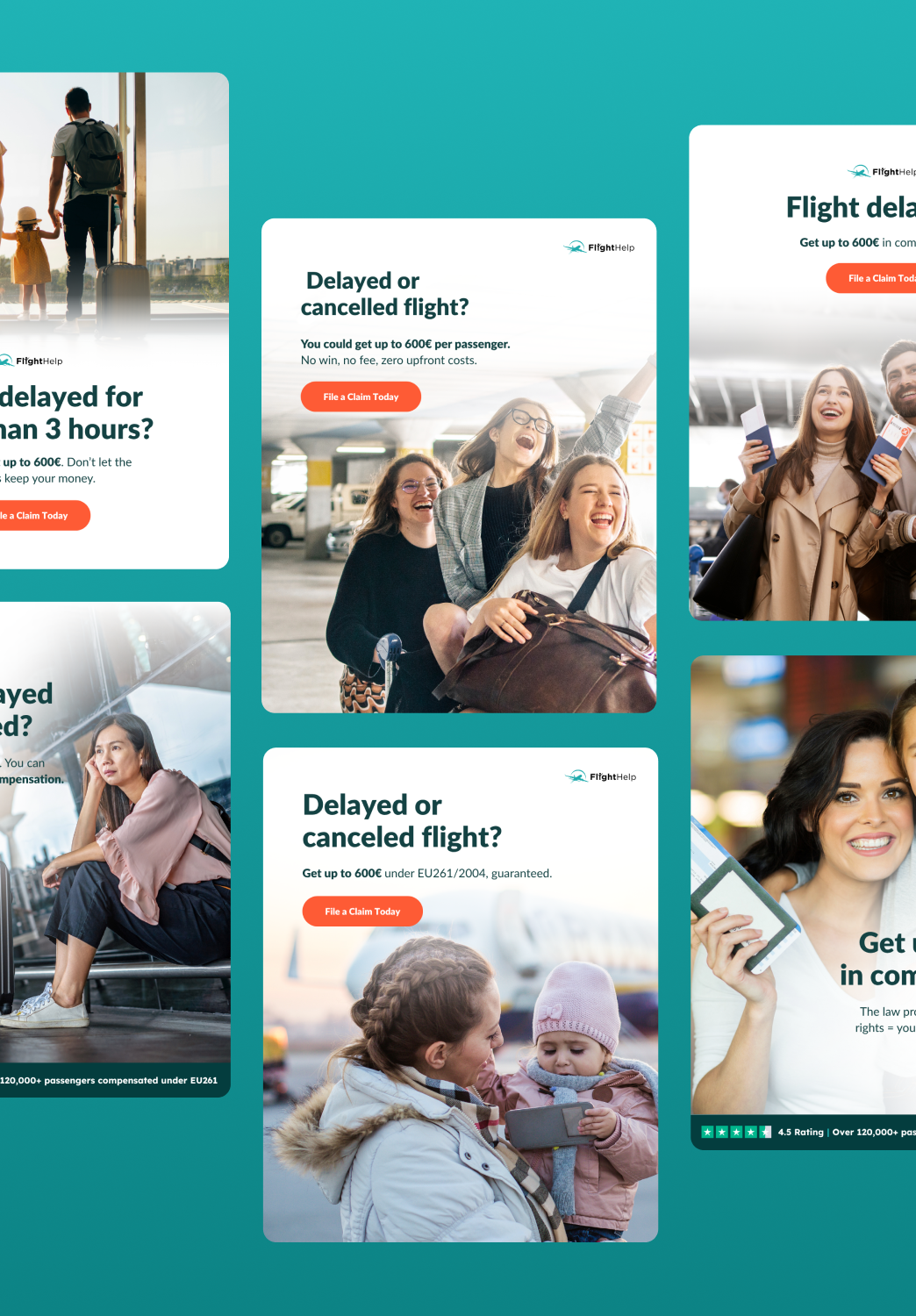 Collage of FlightHelp ads showing diverse travelers at airports holding luggage and boarding passes with texts about compensation for delayed or cancelled flights up to 600€.