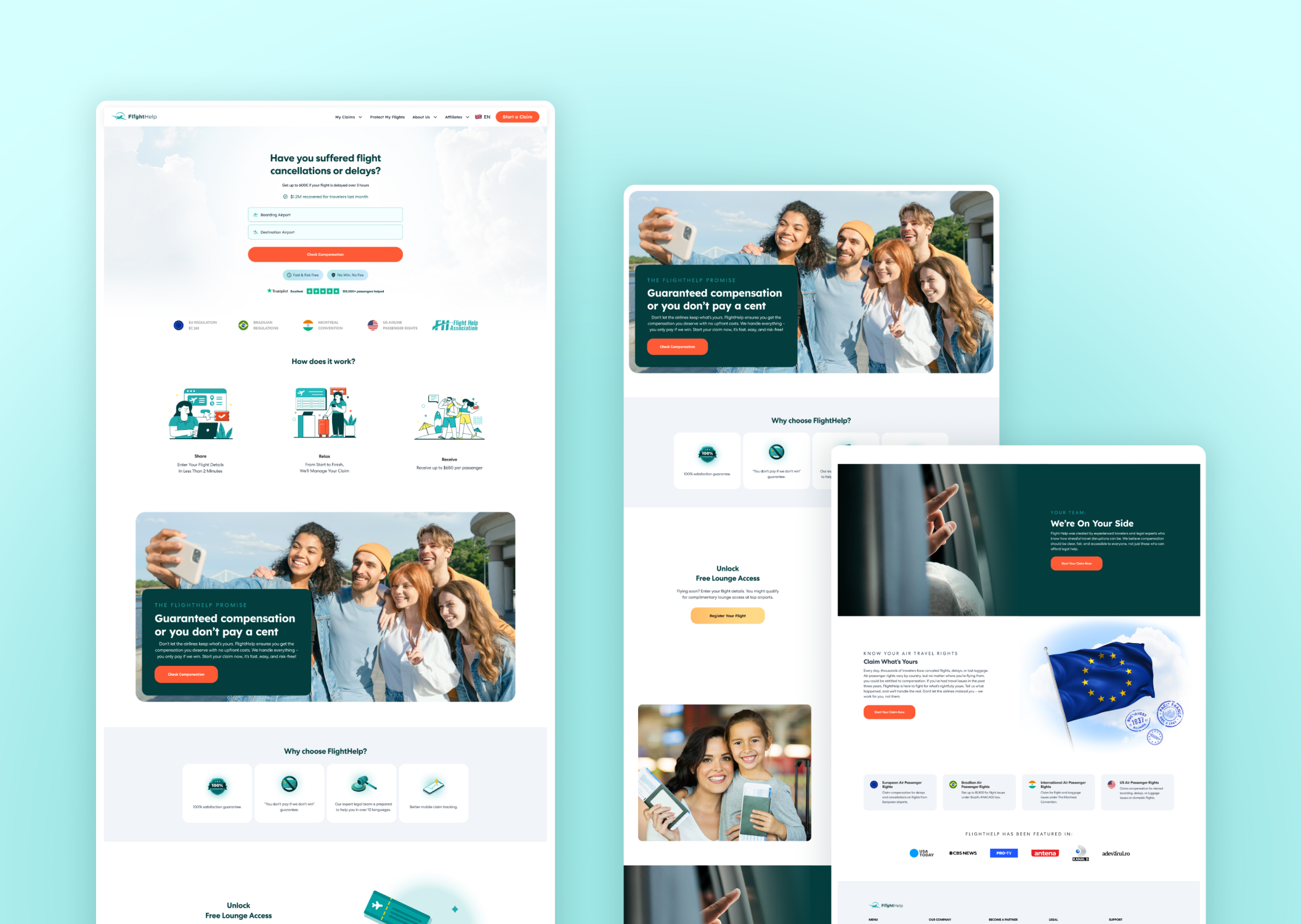 FlightHelp website homepage showing flight delay compensation check form, claim process steps, user testimonials, and air passenger rights information.